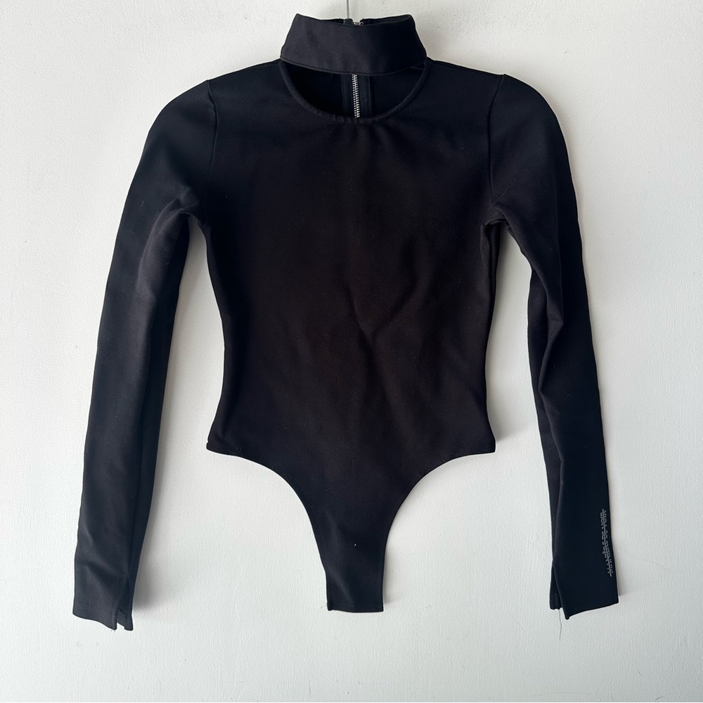 Women’s Maniere de Vois Faux Bodysuit CropTop Sz 8 EU/4 US Black Longline Front